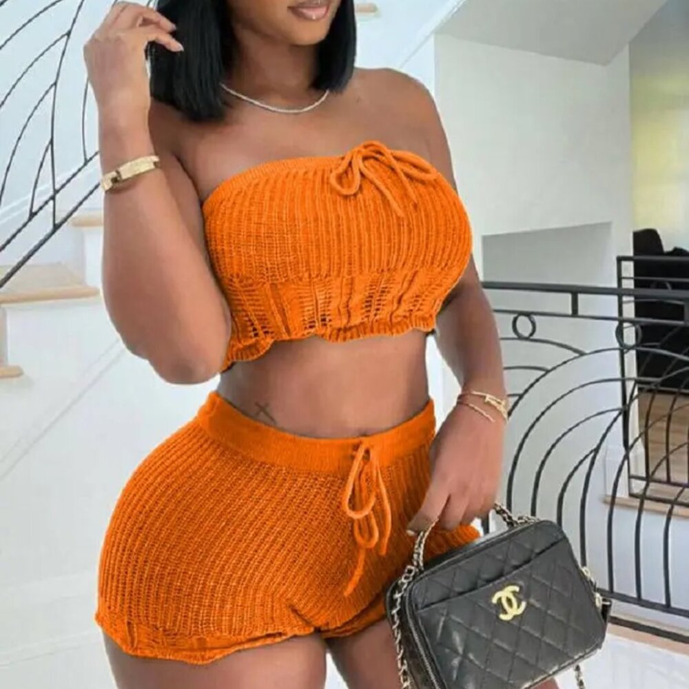 orange crochet knit two piece shorts set